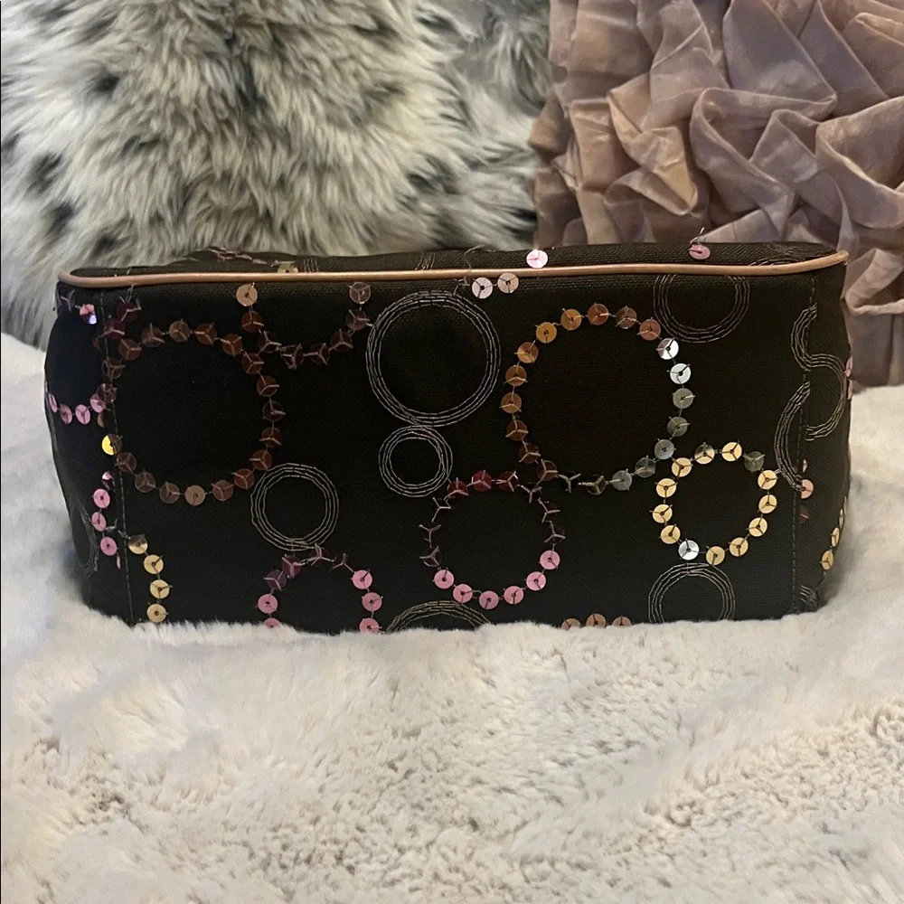 MZ Wallace Brown Neutral Embroidered Sequin Circles Leather Handles Canvas Tote